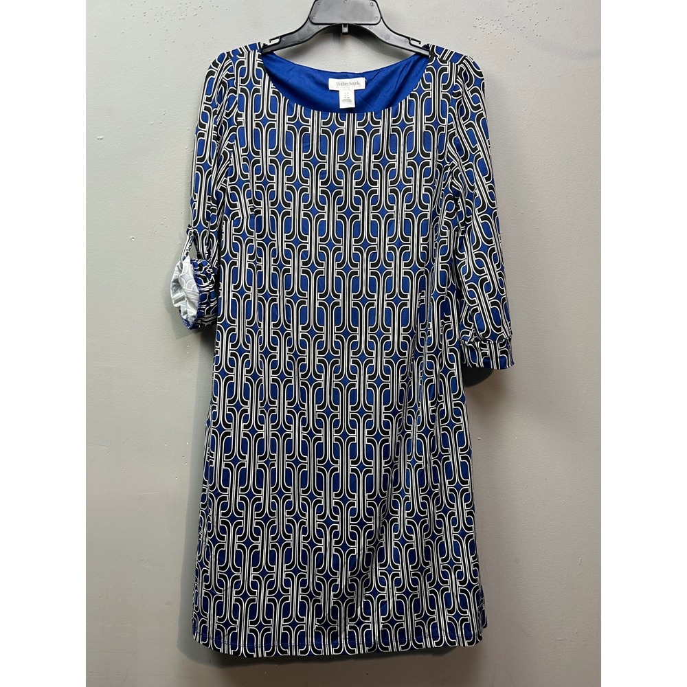 Motherhood Maternity Dress Womens Small Blue Geo Chain Link 3/4 Tab Sleeve Shift